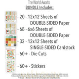The World Awaits Bundle, includes image, showing complete coordinated paper craft set with 12x12 papers, 6x6 papers, cardstock, die cuts, and stickers for layouts, cards, albums, journals, and keepsakes. Buyer theme: Complete Travel & Vacation Scrapbook Bundle. Complete travel crafting bundle with 12x12 papers, 6x6 papers, printed cardstock, die cuts and stickers in a tropical vacation theme. Visible artwork includes monstera leaves, palm fronds, airplane, passport