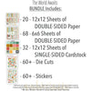 The World Awaits Bundle, includes image, showing complete coordinated paper craft set with 12x12 papers, 6x6 papers, cardstock, die cuts, and stickers for layouts, cards, albums, journals, and keepsakes. Buyer theme: Complete Travel & Vacation Scrapbook Bundle. Complete travel crafting bundle with 12x12 papers, 6x6 papers, printed cardstock, die cuts and stickers in a tropical vacation theme. Visible artwork includes monstera leaves, palm fronds, airplane, passport