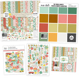 The World Awaits Bundle, main product image, showing complete coordinated paper craft set with 12x12 papers, 6x6 papers, cardstock, die cuts, and stickers for layouts, cards, albums, journals, and keepsakes. Buyer theme: Complete Travel & Vacation Scrapbook Bundle. Complete travel crafting bundle with 12x12 papers, 6x6 papers, printed cardstock, die cuts and stickers in a tropical vacation theme. Visible artwork includes hibiscus flowers, plumeria flowers, monstera leaves, palm fronds