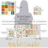 The World Awaits Bundle, size guide image, showing complete coordinated paper craft set with 12x12 papers, 6x6 papers, cardstock, die cuts, and stickers for layouts, cards, albums, journals, and keepsakes. Buyer theme: Complete Travel & Vacation Scrapbook Bundle. Complete travel crafting bundle with 12x12 papers, 6x6 papers, printed cardstock, die cuts and stickers in a tropical vacation theme. Visible artwork includes palm fronds, airplane, passport, camera