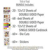 Trick or Treat Bundle, includes image, showing complete coordinated paper craft set with 12x12 papers, 6x6 papers, cardstock, die cuts, and stickers for layouts, cards, albums, journals, and keepsakes. Buyer theme: Complete Cute Halloween Scrapbook Bundle. Trick or Treat complete scrapbook bundle with 12x12 paper, 6x6 paper, coordinating cardstock, stickers and die cuts. Scrapbook paper bundle, card making supplies, junk journal materials, mini album paper, and coordinated craft supplies