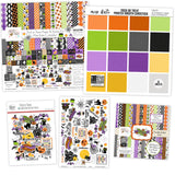 Trick or Treat Bundle, main product image, showing complete coordinated paper craft set with 12x12 papers, 6x6 papers, cardstock, die cuts, and stickers for layouts, cards, albums, journals, and keepsakes. Buyer theme: Complete Cute Halloween Scrapbook Bundle. Trick or Treat complete scrapbook bundle with 12x12 paper, 6x6 paper, coordinating cardstock, stickers and die cuts. Scrapbook paper bundle, card making supplies, junk journal materials, mini album paper, and coordinated craft supplies