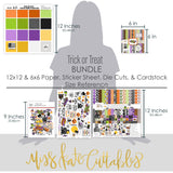 Trick or Treat Bundle, size guide image, showing complete coordinated paper craft set with 12x12 papers, 6x6 papers, cardstock, die cuts, and stickers for layouts, cards, albums, journals, and keepsakes. Buyer theme: Complete Cute Halloween Scrapbook Bundle. Trick or Treat complete scrapbook bundle with 12x12 paper, 6x6 paper, coordinating cardstock, stickers and die cuts. Scrapbook paper bundle, card making supplies, junk journal materials, mini album paper, and coordinated craft supplies