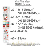 Warm Winter Wishes Bundle, includes image, showing complete coordinated paper craft set with 12x12 papers, 6x6 papers, cardstock, die cuts, and stickers for layouts, cards, albums, journals, and keepsakes. Buyer theme: Complete Winter & Snow Day Scrapbook Bundle. Warm Winter Wishes complete scrapbook bundle with 12x12 paper, 6x6 designs, cardstock, die cuts and stickers in a coordinated winter palette. Designed for Skiing memory pages, Cold-weather journals, Card making