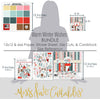 Warm Winter Wishes Bundle, size guide image, showing complete coordinated paper craft set with 12x12 papers, 6x6 papers, cardstock, die cuts, and stickers for layouts, cards, albums, journals, and keepsakes. Buyer theme: Complete Winter & Snow Day Scrapbook Bundle. Warm Winter Wishes complete scrapbook bundle with 12x12 paper, 6x6 designs, cardstock, die cuts and stickers in a coordinated winter palette. Designed for Cold-weather journals, Card making, Mini albums