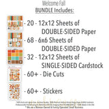 Welcome Fall Bundle, includes image, showing complete coordinated paper craft set with 12x12 papers, 6x6 papers, cardstock, die cuts, and stickers for layouts, cards, albums, journals, and keepsakes. Buyer theme: Complete Fall Scrapbook Bundle. Welcome Fall complete scrapbook bundle with 12x12 paper, 6x6 paper, coordinating cardstock, stickers and die cuts. Color palette includes Pumpkin orange, burnt orange, harvest gold, sunflower yellow, olive green, moss green, teal, aqua, tan and brown