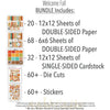 Welcome Fall Bundle, includes image, showing complete coordinated paper craft set with 12x12 papers, 6x6 papers, cardstock, die cuts, and stickers for layouts, cards, albums, journals, and keepsakes. Buyer theme: Complete Fall Scrapbook Bundle. Welcome Fall complete scrapbook bundle with 12x12 paper, 6x6 paper, coordinating cardstock, stickers and die cuts. Color palette includes Pumpkin orange, burnt orange, harvest gold, sunflower yellow, olive green, moss green, teal, aqua, tan and brown