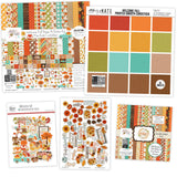 Welcome Fall Bundle, main product image, showing complete coordinated paper craft set with 12x12 papers, 6x6 papers, cardstock, die cuts, and stickers for layouts, cards, albums, journals, and keepsakes. Buyer theme: Complete Fall Scrapbook Bundle. Welcome Fall complete scrapbook bundle with 12x12 paper, 6x6 paper, coordinating cardstock, stickers and die cuts. Color palette includes Pumpkin orange, burnt orange, harvest gold, sunflower yellow, olive green, moss green, teal, aqua, tan and brown