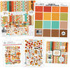 Welcome Fall Bundle, main product image, showing complete coordinated paper craft set with 12x12 papers, 6x6 papers, cardstock, die cuts, and stickers for layouts, cards, albums, journals, and keepsakes. Buyer theme: Complete Fall Scrapbook Bundle. Welcome Fall complete scrapbook bundle with 12x12 paper, 6x6 paper, coordinating cardstock, stickers and die cuts. Color palette includes Pumpkin orange, burnt orange, harvest gold, sunflower yellow, olive green, moss green, teal, aqua, tan and brown