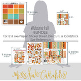 Welcome Fall Bundle, size guide image, showing complete coordinated paper craft set with 12x12 papers, 6x6 papers, cardstock, die cuts, and stickers for layouts, cards, albums, journals, and keepsakes. Buyer theme: Complete Fall Scrapbook Bundle. Welcome Fall complete scrapbook bundle with 12x12 paper, 6x6 paper, coordinating cardstock, stickers and die cuts. Color palette includes Pumpkin orange, burnt orange, harvest gold, sunflower yellow, olive green, moss green, teal, aqua, tan and brown