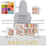 Wildflowers Bundle, size guide image, showing complete coordinated paper craft set with 12x12 papers, 6x6 papers, cardstock, die cuts, and stickers for layouts, cards, albums, journals, and keepsakes. Buyer theme: Complete Botanical & Floral Scrapbook Craft Bundle. Wildflowers complete scrapbook bundle with 12x12 paper, 6x6 designs, cardstock, die cuts and stickers in a rich botanical palette. Coordinating patterns include Purple polka dots, Mustard gingham, Vintage banner patterns