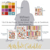 Wildflowers Bundle, size guide image, showing complete coordinated paper craft set with 12x12 papers, 6x6 papers, cardstock, die cuts, and stickers for layouts, cards, albums, journals, and keepsakes. Buyer theme: Complete Botanical & Floral Scrapbook Craft Bundle. Wildflowers complete scrapbook bundle with 12x12 paper, 6x6 designs, cardstock, die cuts and stickers in a rich botanical palette. Coordinating patterns include Purple polka dots, Mustard gingham, Vintage banner patterns