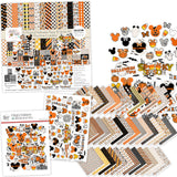A Magical Halloween Collection, main product image, showing coordinated Paper & Sticker Kit, full-size Die Cuts, and Sticker Sheet for scrapbook layouts, memory albums, cards, journals, and keepsakes. Buyer theme: Coordinated Halloween Scrapbook Collection. A Magical Halloween coordinated scrapbook collection with patterned paper, stickers and die-cut Halloween embellishments. Scrapbook collection, paper and sticker supplies, die cut embellishments, and coordinated memory keeping products