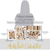 A Magical Halloween Collection, size guide image, showing coordinated Paper & Sticker Kit, full-size Die Cuts, and Sticker Sheet for scrapbook layouts, memory albums, cards, journals, and keepsakes. Buyer theme: Coordinated Halloween Scrapbook Collection. A Magical Halloween coordinated scrapbook collection with patterned paper, stickers and die-cut Halloween embellishments. Scrapbook collection, paper and sticker supplies, die cut embellishments, and coordinated memory keeping products