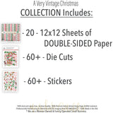 A Very Vintage Christmas Collection, includes image, showing coordinated Paper & Sticker Kit, full-size Die Cuts, and Sticker Sheet for scrapbook layouts, memory albums, cards, journals, and keepsakes. Buyer theme: Coordinated Vintage Christmas Scrapbook Collection. A Very Vintage Christmas coordinated scrapbook collection with 12x12 paper, stickers and die-cut holiday embellishments
