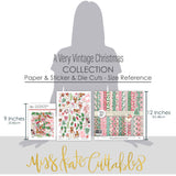 A Very Vintage Christmas Collection, size guide image, showing coordinated Paper & Sticker Kit, full-size Die Cuts, and Sticker Sheet for scrapbook layouts, memory albums, cards, journals, and keepsakes. Buyer theme: Coordinated Vintage Christmas Scrapbook Collection. A Very Vintage Christmas coordinated scrapbook collection with 12x12 paper, stickers and die-cut holiday embellishments