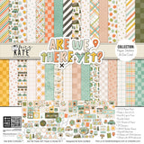 Are We There Yet? Collection, collection product image, showing coordinated Paper & Sticker Kit, full-size Die Cuts, and Sticker Sheet for scrapbook layouts, ancestry albums, family history pages, and keepsakes. Buyer theme: Coordinated Travel Scrapbook Paper Craft Collection. Coordinated travel paper crafting collection with the 12x12 paper and sticker kit, die cuts, and sticker sheet. Visible artwork includes travel cameras, globes and maps, Route 66 road signs, mountains and pine trees
