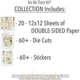 Are We There Yet? Collection, includes image, showing coordinated Paper & Sticker Kit, full-size Die Cuts, and Sticker Sheet for scrapbook layouts, ancestry albums, family history pages, and keepsakes. Buyer theme: Coordinated Travel Scrapbook Paper Craft Collection. Coordinated travel paper crafting collection with the 12x12 paper and sticker kit, die cuts, and sticker sheet. Visible artwork includes globes and maps, Route 66 road signs, mountains and pine trees, passports and motel keys