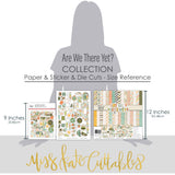 Are We There Yet? Collection, size guide image, showing coordinated Paper & Sticker Kit, full-size Die Cuts, and Sticker Sheet for scrapbook layouts, ancestry albums, family history pages, and keepsakes. Buyer theme: Coordinated Travel Scrapbook Paper Craft Collection. Coordinated travel paper crafting collection with the 12x12 paper and sticker kit, die cuts, and sticker sheet. Visible artwork includes travel cameras, globes and maps, Route 66 road signs, mountains and pine trees