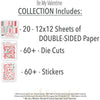 Be My Valentine Collection, includes image, showing coordinated Paper & Sticker Kit, full-size Die Cuts, and Sticker Sheet for scrapbook layouts, memory albums, cards, journals, and keepsakes. Buyer theme: Coordinated Valentine's Day Scrapbook Collection. Be My Valentine coordinated scrapbook collection with paper, stickers and die cuts for Valentine's Day photos, couples memories, friendship pages and love stories. Designed for Friendship memory keeping, Card making, Mini albums