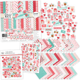 Be My Valentine Collection, main product image, showing coordinated Paper & Sticker Kit, full-size Die Cuts, and Sticker Sheet for scrapbook layouts, memory albums, cards, journals, and keepsakes. Buyer theme: Coordinated Valentine's Day Scrapbook Collection. Be My Valentine coordinated scrapbook collection with paper, stickers and die cuts for Valentine's Day photos, couples memories, friendship pages and love stories