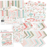 Best Wishes Collection, main product image, showing coordinated Paper & Sticker Kit, full-size Die Cuts, and Sticker Sheet for scrapbook layouts, memory albums, cards, journals, and keepsakes. Buyer theme: Coordinated Friendship Scrapbook Craft Collection. coordinated paper, stickers and die cuts collection. Visible artwork includes watercolor roses, ribbon bows, wildflowers, leafy sprigs. Coordinating patterns include gingham, plaid, polka dots