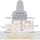 Best Wishes Collection, size guide image, showing coordinated Paper & Sticker Kit, full-size Die Cuts, and Sticker Sheet for scrapbook layouts, memory albums, cards, journals, and keepsakes. Buyer theme: Coordinated Friendship Scrapbook Craft Collection. coordinated paper, stickers and die cuts collection. Visible artwork includes floral banners, sentiment labels, watercolor roses, ribbon bows. Coordinating patterns include botanical print, diamond lattice, gingham