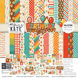 Birthday Bash Collection, collection product image, showing coordinated Paper & Sticker Kit, full-size Die Cuts, and Sticker Sheet for scrapbook layouts, memory albums, cards, journals, and keepsakes. Buyer theme: Coordinated Birthday Scrapbook Collection. Birthday Bash coordinated paper crafting collection with paper, stickers and die cut embellishments for birthday memories. Visible artwork includes Wrapped gifts and bows, Birthday candles, Party hats and pinata, Pennant banners