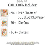 Birthday Bash Collection, includes image, showing coordinated Paper & Sticker Kit, full-size Die Cuts, and Sticker Sheet for scrapbook layouts, memory albums, cards, journals, and keepsakes. Buyer theme: Coordinated Birthday Scrapbook Collection. Birthday Bash coordinated paper crafting collection with paper, stickers and die cut embellishments for birthday memories. Visible artwork includes Birthday candles, Party hats and pinata, Pennant banners, Curly streamers and confetti