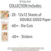 Birthday Bash Collection, includes image, showing coordinated Paper & Sticker Kit, full-size Die Cuts, and Sticker Sheet for scrapbook layouts, memory albums, cards, journals, and keepsakes. Buyer theme: Coordinated Birthday Scrapbook Collection. Birthday Bash coordinated paper crafting collection with paper, stickers and die cut embellishments for birthday memories. Visible artwork includes Birthday candles, Party hats and pinata, Pennant banners, Curly streamers and confetti
