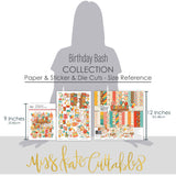 Birthday Bash Collection, size guide image, showing coordinated Paper & Sticker Kit, full-size Die Cuts, and Sticker Sheet for scrapbook layouts, memory albums, cards, journals, and keepsakes. Buyer theme: Coordinated Birthday Scrapbook Collection. Birthday Bash coordinated paper crafting collection with paper, stickers and die cut embellishments for birthday memories. Coordinating patterns include Balloon toss patterns, Cake and cupcake toss, Candle rows