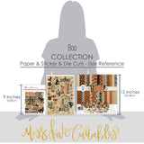 Boo Collection, size guide image, showing coordinated Paper & Sticker Kit, full-size Die Cuts, and Sticker Sheet for scrapbook layouts, memory albums, cards, journals, and keepsakes. Buyer theme: Halloween Scrapbook & Paper Craft Collection. Boo coordinated vintage Halloween scrapbook collection with patterned paper, stickers and die-cut spooky embellishments. Color palette includes Pumpkin orange, burnt orange, rust, mustard gold, harvest gold, vintage cream, taupe, charcoal and midnight black