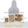 Boo Collection, size guide image, showing coordinated Paper & Sticker Kit, full-size Die Cuts, and Sticker Sheet for scrapbook layouts, memory albums, cards, journals, and keepsakes. Buyer theme: Halloween Scrapbook & Paper Craft Collection. Boo coordinated vintage Halloween scrapbook collection with patterned paper, stickers and die-cut spooky embellishments. Color palette includes Pumpkin orange, burnt orange, rust, mustard gold, harvest gold, vintage cream, taupe, charcoal and midnight black