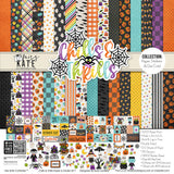 Chills and Thrills Collection, collection product image, showing coordinated Paper & Sticker Kit, full-size Die Cuts, and Sticker Sheet for scrapbook layouts, memory albums, cards, journals, and keepsakes. Buyer theme: Coordinated Halloween Scrapbook & Paper Craft Collection. Coordinated Halloween paper crafting collection combining the Paper & Sticker Kit, Die Cuts and Sticker Sheet in the Chills and Thrills artwork. Color palette includes haunted aqua, monster lime green, candy corn yellow