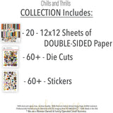 Chills and Thrills Basic monthly box. contents image showing coordinated Halloween 12x12 papers, stickers and die cuts.
