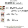 Chills and Thrills Basic monthly box. contents image showing coordinated Halloween 12x12 papers, stickers and die cuts.