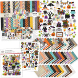 Chills and Thrills Collection, main product image, showing coordinated Paper & Sticker Kit, full-size Die Cuts, and Sticker Sheet for scrapbook layouts, memory albums, cards, journals, and keepsakes. Buyer theme: Coordinated Halloween Scrapbook & Paper Craft Collection. Coordinated Halloween paper crafting collection combining the Paper & Sticker Kit, Die Cuts and Sticker Sheet in the Chills and Thrills artwork. Color palette includes pumpkin orange, witch purple, haunted aqua