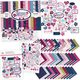 Everyday Moments Collection, main product image, showing coordinated Paper & Sticker Kit, full-size Die Cuts, and Sticker Sheet for scrapbook layouts, memory albums, cards, journals, and keepsakes. Buyer theme: Coordinated Family Scrapbook Collection. Everyday Moments coordinated scrapbook collection with paper, stickers and die cuts for family stories, friendship photos and everyday memory keeping. Coordinating patterns include Navy and berry floral prints, Polka dots, Diagonal pinstripes