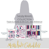 Everyday Moments Collection, size guide image, showing coordinated Paper & Sticker Kit, full-size Die Cuts, and Sticker Sheet for scrapbook layouts, memory albums, cards, journals, and keepsakes. Buyer theme: Coordinated Family Scrapbook Collection. Everyday Moments coordinated scrapbook collection with paper, stickers and die cuts for family stories, friendship photos and everyday memory keeping. Designed for Card making, Mini albums, Junk journals