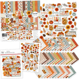 Fall Fun Collection, main product image, showing coordinated Paper & Sticker Kit, full-size Die Cuts, and Sticker Sheet for scrapbook layouts, memory albums, cards, journals, and keepsakes. Buyer theme: Coordinated Autumn Scrapbook & Paper Craft Collection. Fall Fun coordinated scrapbook collection with paper, stickers and die cuts for autumn photos, harvest stories and thankful memories. Coordinating patterns include Orange and aqua autumn plaid, Fall gingham checks, Pumpkin and leaf tosses