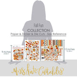 Fall Fun Collection, size guide image, showing coordinated Paper & Sticker Kit, full-size Die Cuts, and Sticker Sheet for scrapbook layouts, memory albums, cards, journals, and keepsakes. Buyer theme: Coordinated Autumn Scrapbook & Paper Craft Collection. Fall Fun coordinated scrapbook collection with paper, stickers and die cuts for autumn photos, harvest stories and thankful memories. Color palette includes Cocoa and espresso brown, Pumpkin orange and deep rust, Harvest gold and mustard