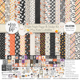 Fright Night Collection, collection product image, showing coordinated Paper & Sticker Kit, full-size Die Cuts, and Sticker Sheet for scrapbook layouts, memory albums, cards, journals, and keepsakes. Buyer theme: Coordinated Cute Halloween Scrapbook Collection. Fright Night coordinated scrapbook collection with 12x12 paper, stickers and die-cut Halloween embellishments. Scrapbook collection, paper and sticker supplies, die cut embellishments, and coordinated memory keeping products