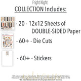 Fright Night Collection, includes image, showing coordinated Paper & Sticker Kit, full-size Die Cuts, and Sticker Sheet for scrapbook layouts, memory albums, cards, journals, and keepsakes. Buyer theme: Coordinated Cute Halloween Scrapbook Collection. Fright Night coordinated scrapbook collection with 12x12 paper, stickers and die-cut Halloween embellishments. Color palette includes Soft black, charcoal gray, cream, ivory, peach, pumpkin orange, candy corn yellow, gold, lavender and lilac