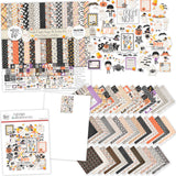 Fright Night Collection, main product image, showing coordinated Paper & Sticker Kit, full-size Die Cuts, and Sticker Sheet for scrapbook layouts, memory albums, cards, journals, and keepsakes. Buyer theme: Coordinated Cute Halloween Scrapbook Collection. Fright Night coordinated scrapbook collection with 12x12 paper, stickers and die-cut Halloween embellishments. Color palette includes Soft black, charcoal gray, cream, ivory, peach, pumpkin orange, candy corn yellow, gold, lavender and lilac
