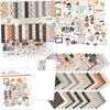 Fright Night Collection, main product image, showing coordinated Paper & Sticker Kit, full-size Die Cuts, and Sticker Sheet for scrapbook layouts, memory albums, cards, journals, and keepsakes. Buyer theme: Coordinated Cute Halloween Scrapbook Collection. Fright Night coordinated scrapbook collection with 12x12 paper, stickers and die-cut Halloween embellishments. Color palette includes Soft black, charcoal gray, cream, ivory, peach, pumpkin orange, candy corn yellow, gold, lavender and lilac