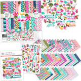 Fun in the Sun Collection, main product image, showing coordinated Paper & Sticker Kit, full-size Die Cuts, and Sticker Sheet for scrapbook layouts, memory albums, cards, journals, and keepsakes. Buyer theme: Coordinated Beach Vacation Scrapbook Collection. Fun in the Sun coordinated scrapbook collection with paper, stickers and die cuts for beach trips, island vacations, ocean adventures and sunny memories