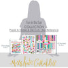 Fun in the Sun Collection, size guide image, showing coordinated Paper & Sticker Kit, full-size Die Cuts, and Sticker Sheet for scrapbook layouts, memory albums, cards, journals, and keepsakes. Buyer theme: Coordinated Beach Vacation Scrapbook Collection. Fun in the Sun coordinated scrapbook collection with paper, stickers and die cuts for beach trips, island vacations, ocean adventures and sunny memories. Designed for Mini albums, Travel journals, Junk journals