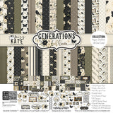 Generations of Love Collection, collection product image, showing coordinated Paper & Sticker Kit, full-size Die Cuts, and Sticker Sheet for scrapbook layouts, memory albums, cards, journals, and keepsakes. Buyer theme: Coordinated Family Heritage Scrapbook Collection. Generations of Love coordinated scrapbook collection with family heritage paper, stickers and die cuts for genealogy pages, family stories and heirloom albums. Coordinating patterns include Polka dots, Pinstripes, Diamond lattice