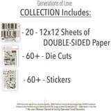 Generations of Love Collection, includes image, showing coordinated Paper & Sticker Kit, full-size Die Cuts, and Sticker Sheet for scrapbook layouts, memory albums, cards, journals, and keepsakes. Buyer theme: Coordinated Family Heritage Scrapbook Collection. Generations of Love coordinated scrapbook collection with family heritage paper, stickers and die cuts for genealogy pages, family stories and heirloom albums. Coordinating patterns include Pinstripes, Diamond lattice, Floral argyle