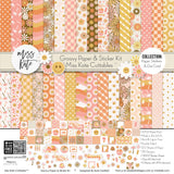 Groovy Collection, collection product image, showing coordinated Paper & Sticker Kit, full-size Die Cuts, and Sticker Sheet for scrapbook layouts, memory albums, cards, journals, and keepsakes. Buyer theme: Coordinated Retro Summer Scrapbook Collection. Groovy coordinated scrapbook collection with paper, stickers and die cuts for summer vacations, sunny days and cheerful retro summer pages. Coordinating patterns include Warm 70s floral patterns, Polka dots and gingham, Wavy sunset stripes